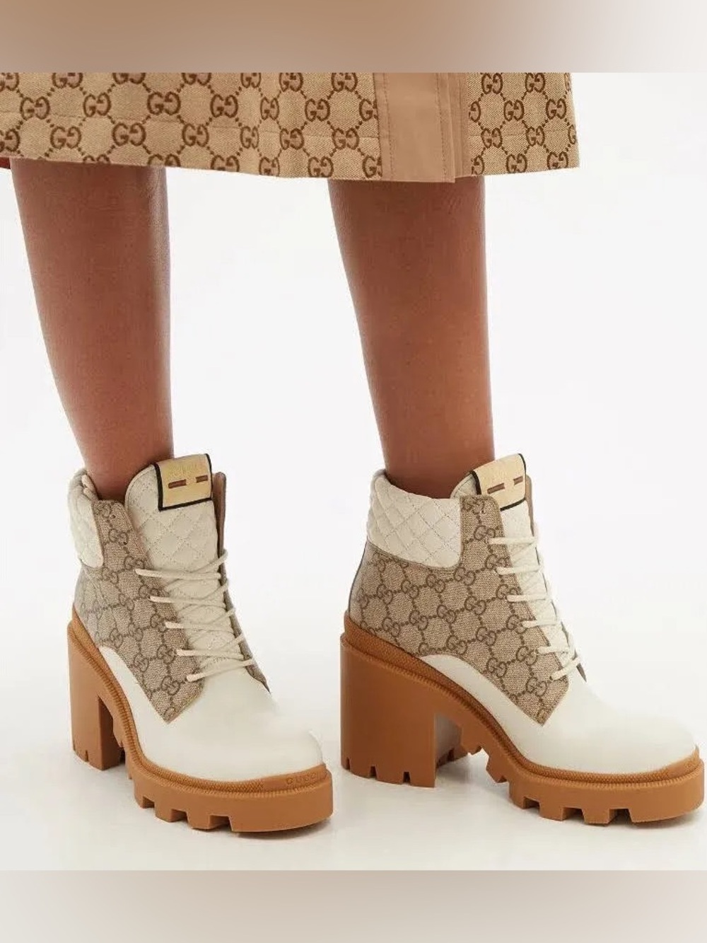 Women's Gucci GG Quilted Platform Canvas Lug Sole Ankle Boots White Leather 38